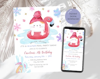 Editable Winter Pool Party Birthday Invitation. Digital Download. Girls Birthday Pool Party Invite. Kitten Pool Party. Kids Winter Birthday.