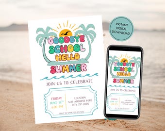 Pode incluir: Um convite branco com o texto "Goodbye School Hello Summer" em letras coloridas, palmeiras e um sol. Um smartphone mostra o mesmo design. O convite inclui detalhes do evento.