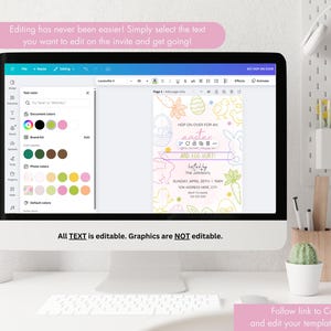 May include: A computer screen displaying a customizable Easter invitation template with a bunny, eggs, and flowers. The text on the invitation reads "Hop on over for an Easter Egg Hunt!" and includes the date, time, and location of the event. The text "All TEXT is editable. Graphics are NOT editable." is displayed below the screen.
