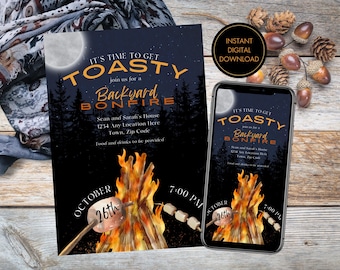 May include: A digital invitation for a backyard bonfire party. The invitation features a watercolor illustration of a campfire with a marshmallow on a stick, a full moon, and the text "It's time to get toasty, join us for a backyard bonfire". The date is October 26th and the time is 7:00 PM.