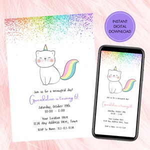 Puede incluir: Una invitación digital para una fiesta de cumpleaños de 6 años con un gato blanco con un cuerno y una cola de unicornio arcoíris. La invitación tiene un fondo de purpurina arcoíris y el texto "Join us for a meowgical day! Gwendoline is turning 6! Saturday, October 19th 10:00 - 2:00 Your Location Here 1234 Any Address Here, Town RSVP to Name: 123-123-1234"