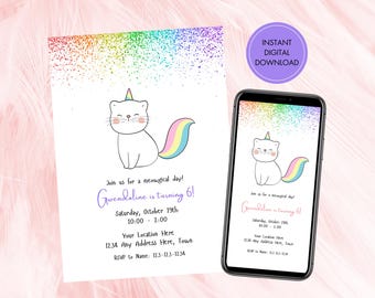 Editable Cat Unicorn Birthday Invitation. Digital Download. Rainbow Cat Birthday Invite.