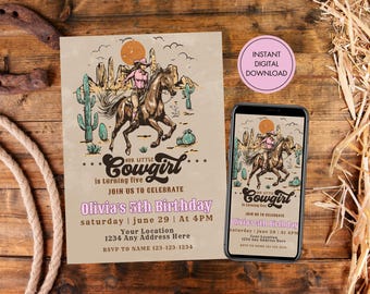 Editable Cowgirl Birthday Invitation. Digital Download. Our Little Cowgirl Birthday Invite. Retro Western Birthday Invite.
