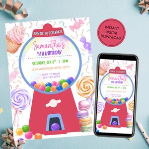 Editable Candy Birthday Invitation. Digital Download. Gumball Machine Birthday Invite. Sweets Birthday Invite.