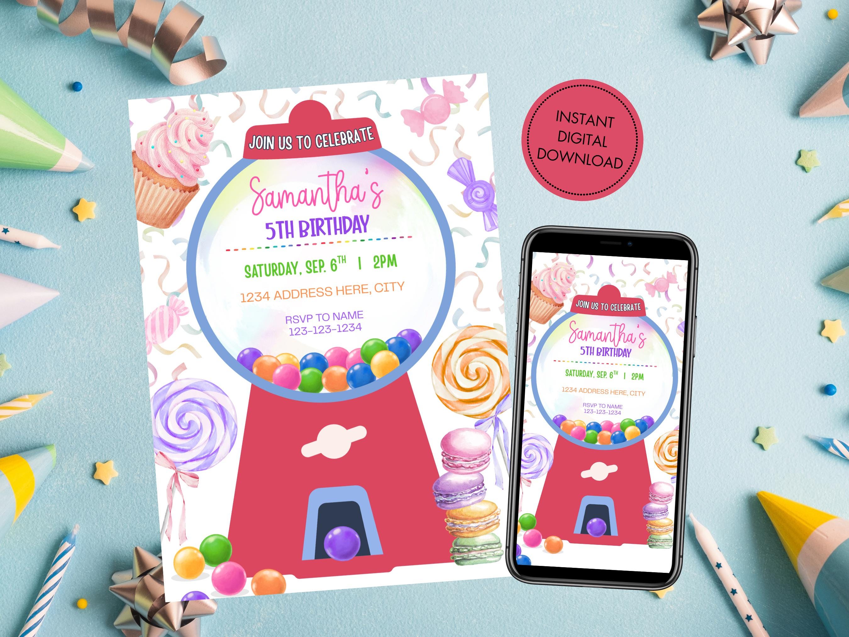 Editable Candy Birthday Invitation. Digital Download. Gumball Machine Birthday Invite. Sweets Birthday Invite.