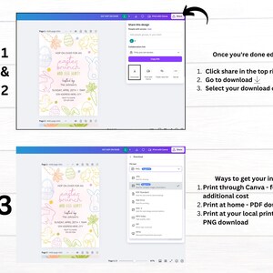 May include: A step-by-step guide on how to download and print an Easter brunch invitation created in Canva. The invitation features a pastel pink background with a hand-drawn illustration of a bunny, eggs, and flowers. The text on the invitation reads "Hop on over for an Easter brunch and egg hunt!"