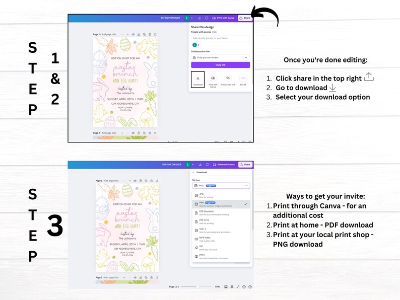 May include: A step-by-step guide on how to download and print an Easter brunch invitation created in Canva. The invitation features a pastel pink background with a hand-drawn illustration of a bunny, eggs, and flowers. The text on the invitation reads "Hop on over for an Easter brunch and egg hunt!"