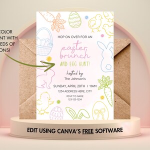 May include: A pastel pink and green printable invitation for an Easter brunch and egg hunt. The invitation features a bunny, carrots, eggs, and chicks. The text reads "Hop on over for an Easter Brunch and Egg Hunt! Hosted by The Johnson's. Sunday, April 20th | 11 AM. 1234 Address Here, City. RSVP to Name 123-123-1234. Edit using Canva's free software."