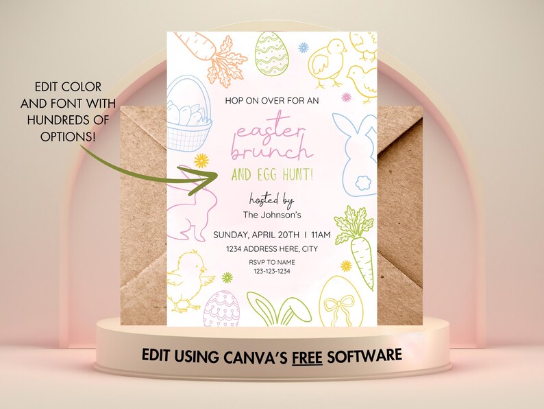 May include: A pastel pink and green printable invitation for an Easter brunch and egg hunt. The invitation features a bunny, carrots, eggs, and chicks. The text reads "Hop on over for an Easter Brunch and Egg Hunt! Hosted by The Johnson's. Sunday, April 20th | 11 AM. 1234 Address Here, City. RSVP to Name 123-123-1234. Edit using Canva's free software."