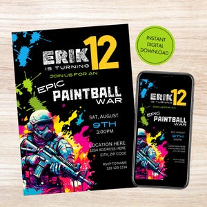 Puede incluir: Una invitación digital para una fiesta de paintball. La invitación presenta un fondo negro con salpicaduras de pintura de colores, un soldado sosteniendo una pistola de paintball y el texto "Erik cumple 12 años. Únase a nosotros para una épica guerra de paintball."