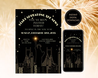 Editable New Year's Eve Invitation. Digital Download. New York New Year's Invite. Black and Gold NYE.