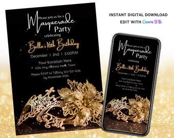 Editable Masquerade Birthday Party Invitation. Digital Download. Gold Masquerade Party.