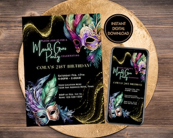 Editable Mardi Gras Birthday Invitation. Digital Download. Masquerade Mardi Gras Birthday Invite.