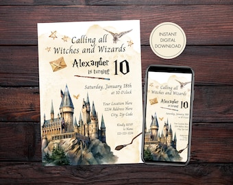 Editble Wizarding World Birthday Invitation, Digital Download. Magical Wizard Birthday Invite.