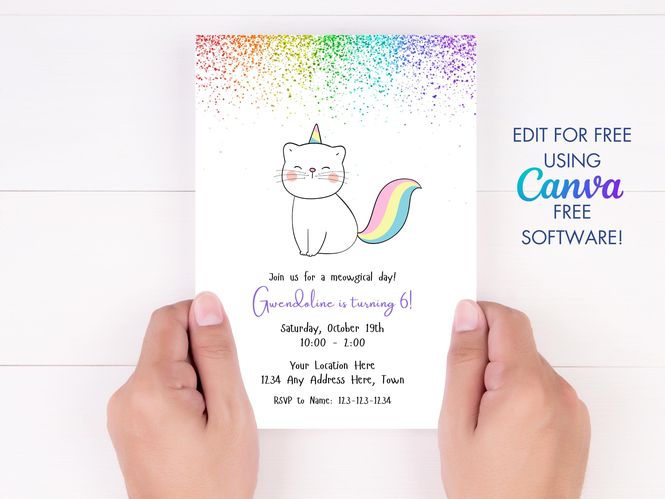 Editable Cat Unicorn Birthday Invitation. Digital Download. Rainbow Cat ...