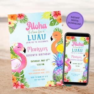 Editable Luau Birthday Invitation. Digital Download. Aloha, Hawaii Birthday Invite. Flamingo Birthday Invite.