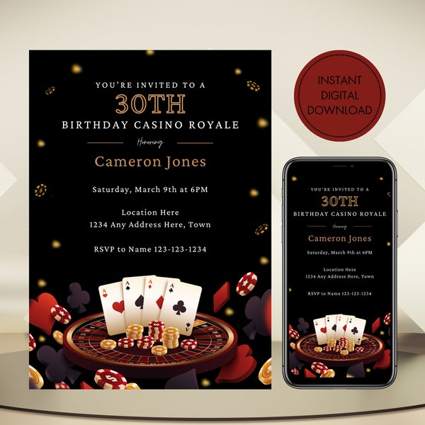 Editable Casino Royale Birthday Invitation. Digital Download. Poker Birthday Invitation.