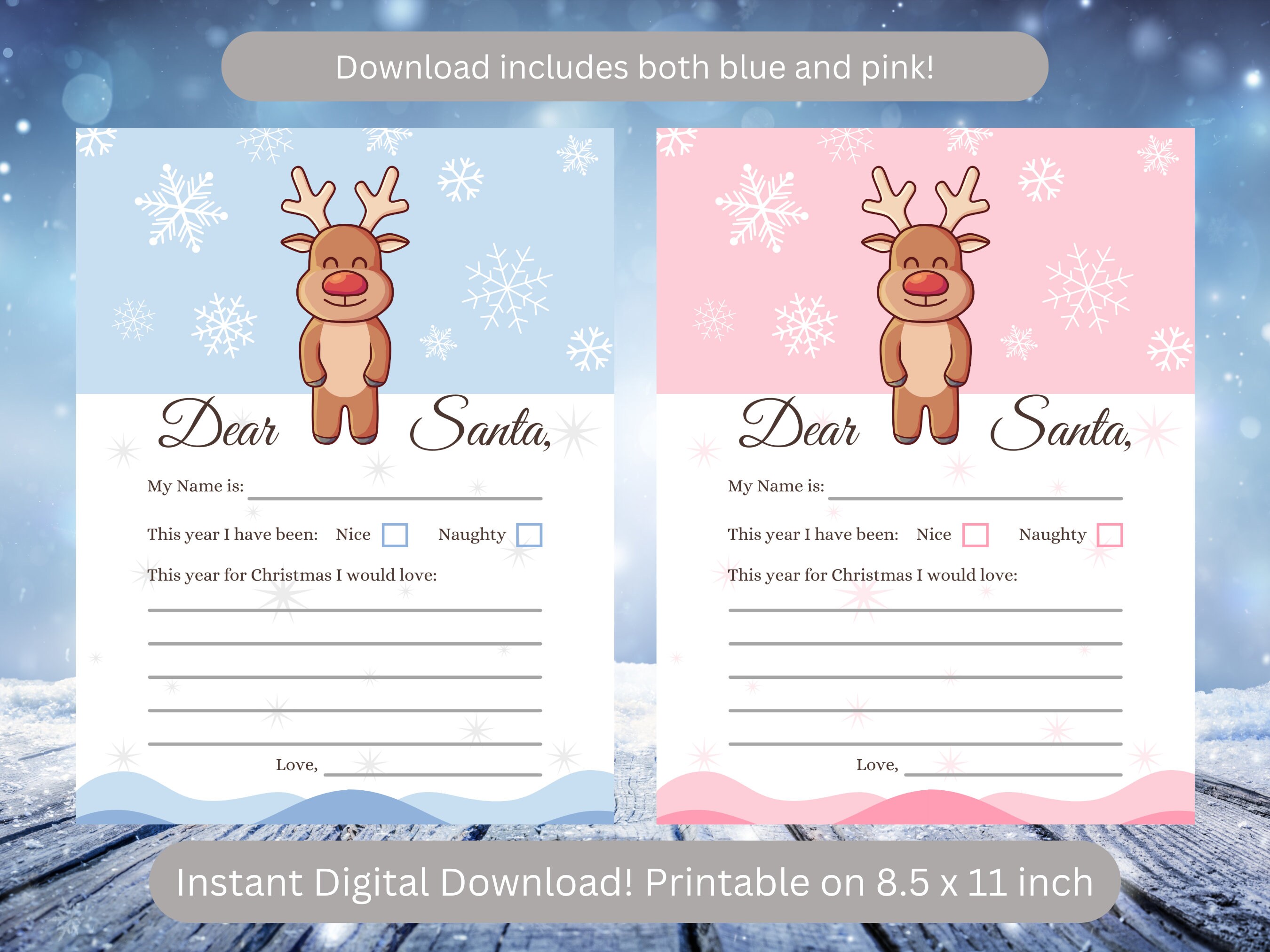 Printable Reindeer Santa Letter. Digital Download. Pink or - Etsy