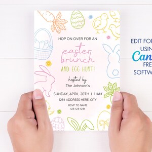 May include: A white invitation card with a colorful Easter brunch and egg hunt theme. The card features illustrations of bunnies, chicks, eggs, carrots, and a basket of eggs. The text on the card reads "Hop on over for an Easter Brunch and Egg Hunt! Hosted by The Johnson's. Sunday, April 20th | 11am. 1234 Address Here, City. RSVP to Name 123-123-1234. Edit for free using Canva free software!"