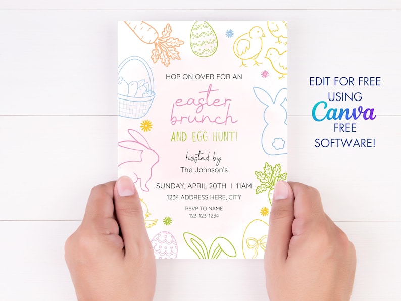 May include: A white invitation card with a colorful Easter brunch and egg hunt theme. The card features illustrations of bunnies, chicks, eggs, carrots, and a basket of eggs. The text on the card reads "Hop on over for an Easter Brunch and Egg Hunt! Hosted by The Johnson's. Sunday, April 20th | 11am. 1234 Address Here, City. RSVP to Name 123-123-1234. Edit for free using Canva free software!"