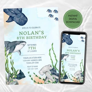 Editable Shark Birthday Invitation. Digital Download. Boys Ocean Birthday Invite.
