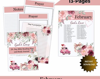 May include: A printable 29-day topical Bible study plan for February, with a theme of "God's Love". The design features pink and red flowers, a pink truck with a heart, and a gold star. The plan includes daily Bible readings and a study journal.