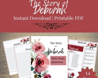 Puede incluir: Guía de estudio bíblico imprimible en PDF sobre la historia de Débora. La guía incluye 14 páginas con indicaciones para el diario, notas y preguntas de estudio bíblico. El diseño presenta un fondo floral de acuarela con rosas rosas.