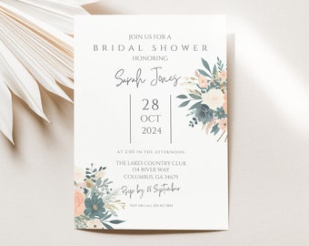Boho Floral Bridal Shower Invitation Template, Peach Floral Bridal Shower Invite Editable, Instant Download, Watercolor Floral Bridal, LLP01