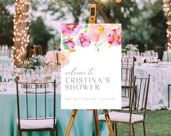 Bright Pink Floral Bridal Shower Welcome Sign Template, Bridal Brunch Welcome Sign, Instant Download, Pink Orange Wedding Shower Sign, LLP29