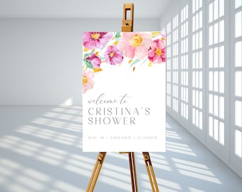 Bridal Shower Welcome Sign Pink Floral Template, Wedding Shower Welcome Sign Instant Download, Spring Bridal Shower Sign Printable, LLP29