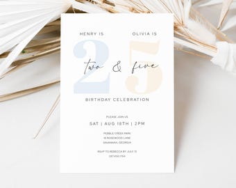 May include: A white invitation card with the text "Henry is 2, Olivia is 5" in blue and beige. The card also includes the words "Birthday Celebration" and event details: date, time, and location. RSVP information is at the bottom.