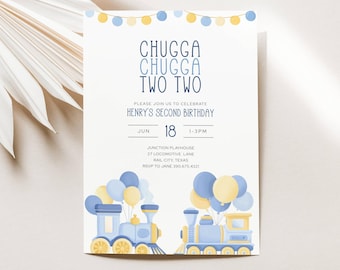 Chugga Chugga Two Two 招待状、男の子 2 歳の誕生日パーティー招待状 電車 デジタル編集可能テンプレート、Choo Choo Train テーマの誕生日、LLP257