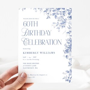 Blue Toile 60th Birthday Invitation. Dusty Blue Vintage Florals. Blue Font. White Background. Print or Send Digitally. 5x7 inches.