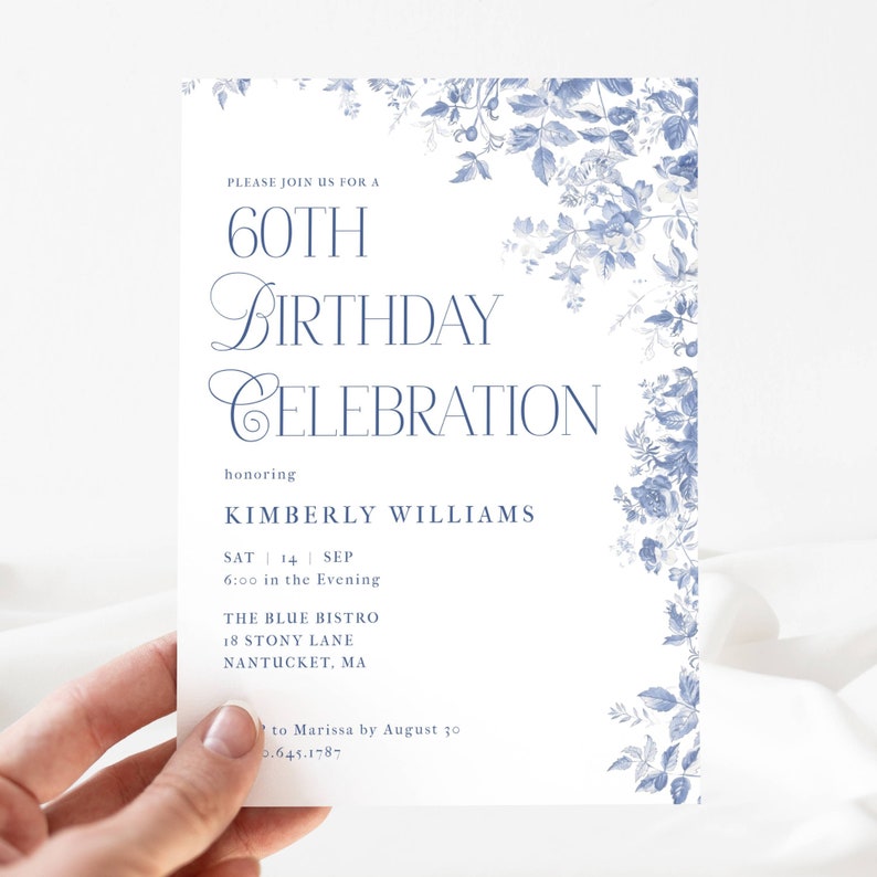 Blue Toile 60th Birthday Invitation. Dusty Blue Vintage Florals. Blue Font. White Background. Print or Send Digitally. 5x7 inches.