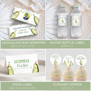 Dill Pickle Theme Birthday Template Bundle. Invitation, Name Game, Thank You Card, Chocolate Bar Wrapper, Water Bottle Label, Welcome Sign, Photo Thank You Card, Banner, Food Label, Cupcake Topper, Custom Sign, Favor Tag. Watercolor Pickles in Party Hats. Green Display and Script Fonts. White Background. Editable Printable Templates.