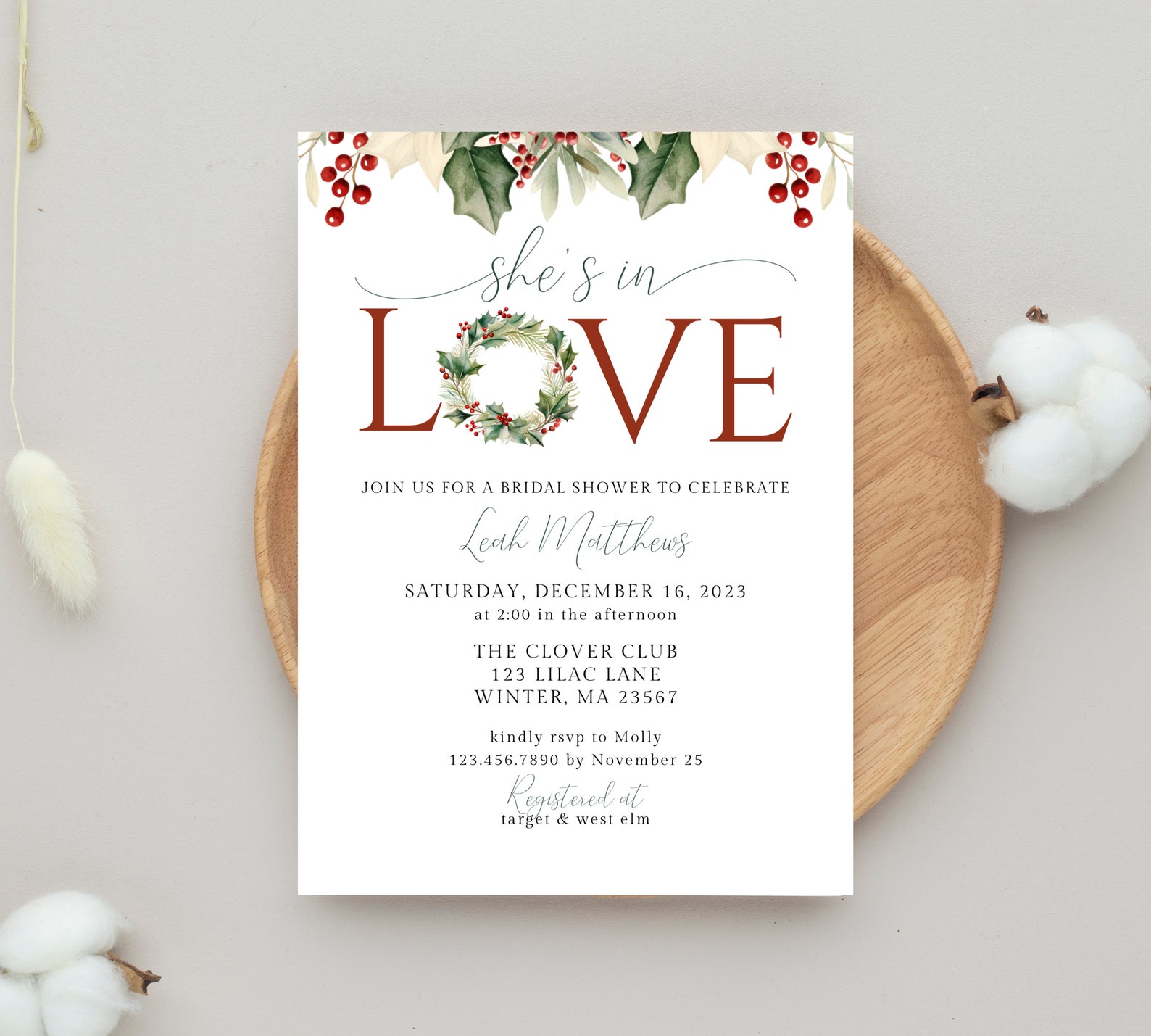 Christmas Bridal Shower Invitation, She's in Love, Holiday Shower ...