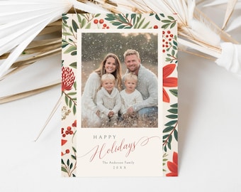 Classic Christmas Floral Card Digital Printable, Personalized Christmas Card Retro Photo, Photo Happy Holidays Card Editable Template LLP267