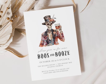Boos and Booze Halloween Party Invite, Adult Halloween Party Invite Editable, Costume Party Invite, Skeleton Halloween Party Digital, LLP124