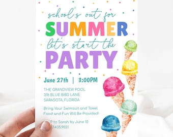 School's Out For Summer Party Invitation Template, Editable End Of School Party Invite, Summer Party Invite Printable, Pool Party, LLP103