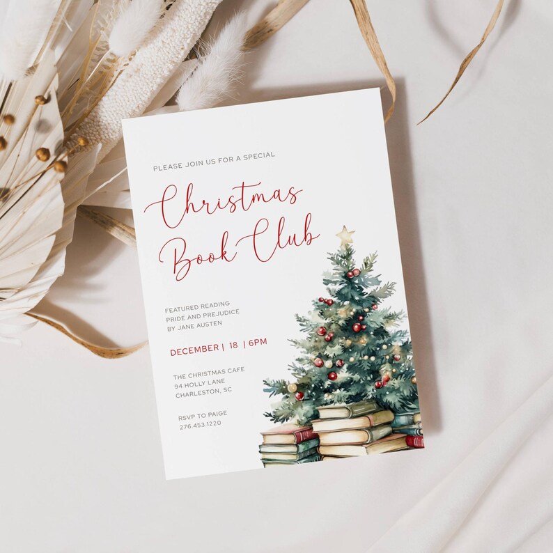 Christmas Book Club Invitation. Stack of Vintage books with Christmas Tree. Red Script Font. White background. Print or send digitally. 5x7
