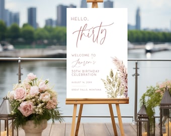 Thirty Birthday Sign Pink, Hello Thirty Birthday Sign, 30th Birthday Dinner Welcome Sign Blue, Boho Birthday Party Sign Editable, LLP118