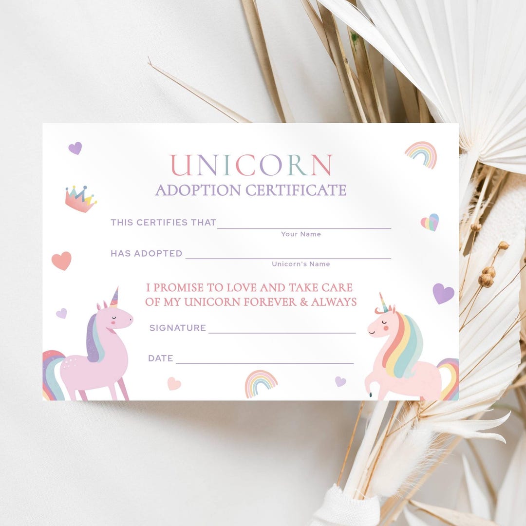 Unicorn Adoption Certificate: Printable Kids Activity, Rainbow Unicorn ...