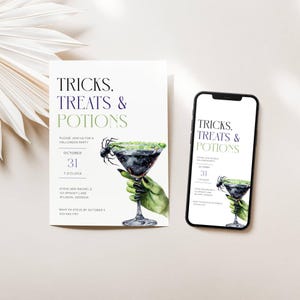 Halloween Party Invitation. Green Witch Hand Holding Martini with Spider on Rim. Black, Purple and Green Fonts. White Background. Print or Send Digitally. 5x7