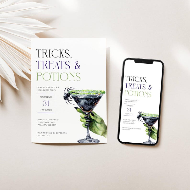 Halloween Party Invitation. Green Witch Hand Holding Martini with Spider on Rim. Black, Purple and Green Fonts. White Background. Print or Send Digitally. 5x7