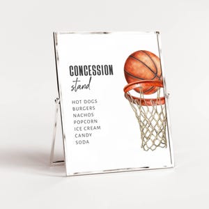 Basketball Theme Birthday Party Sign Templates. Basketball and Hoop. Black Script and Display Fonts. 8x10 and 5x7 sizes. White Background.