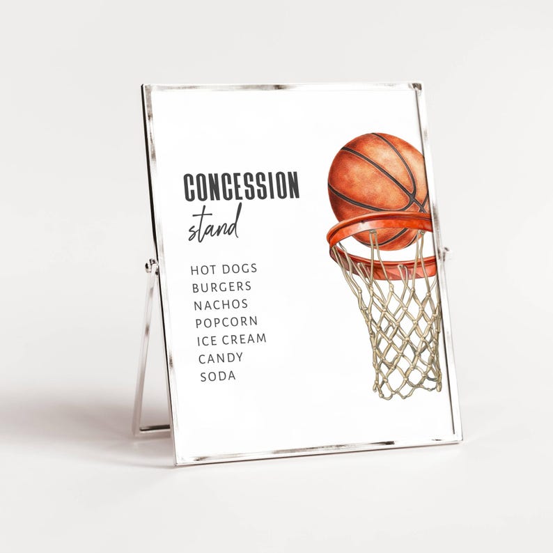 Basketball Theme Birthday Party Sign Templates. Basketball and Hoop. Black Script and Display Fonts. 8x10 and 5x7 sizes. White Background.