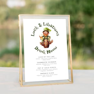 Modelo de menu de bar do dia de São Patrício, placa de menu de coquetéis do dia de São Patrício, bar para festa de São Patrício para impressão, coquetéis irlandeses Shamrock Luck LLP200