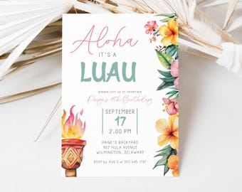 Aloha Birthday Invitation, Luau Birthday Invite Hawaiian Party Template, Tropical Party Invite, Hawaiian Luau Editable, Tiki Party, LLP133