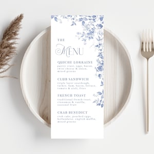 Blau Toile Menü Kartenvorlage, bearbeitbares druckbares Menü, Dusty Blue Duschmenü Vorlage, französisches Blau Hochzeitsmenü, Sofort Download, LLP108