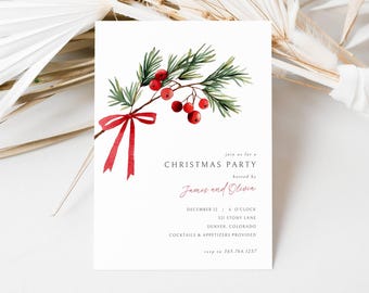 May include: A white Christmas party invitation with watercolor illustrations. The design features a sprig of green leaves, red berries, and a red ribbon. The text reads "CHRISTMAS PARTY" and includes event details.